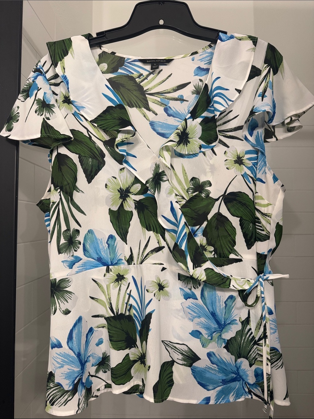 Banana Republic White Floral Wrap Blouse with Blue & Green Print
